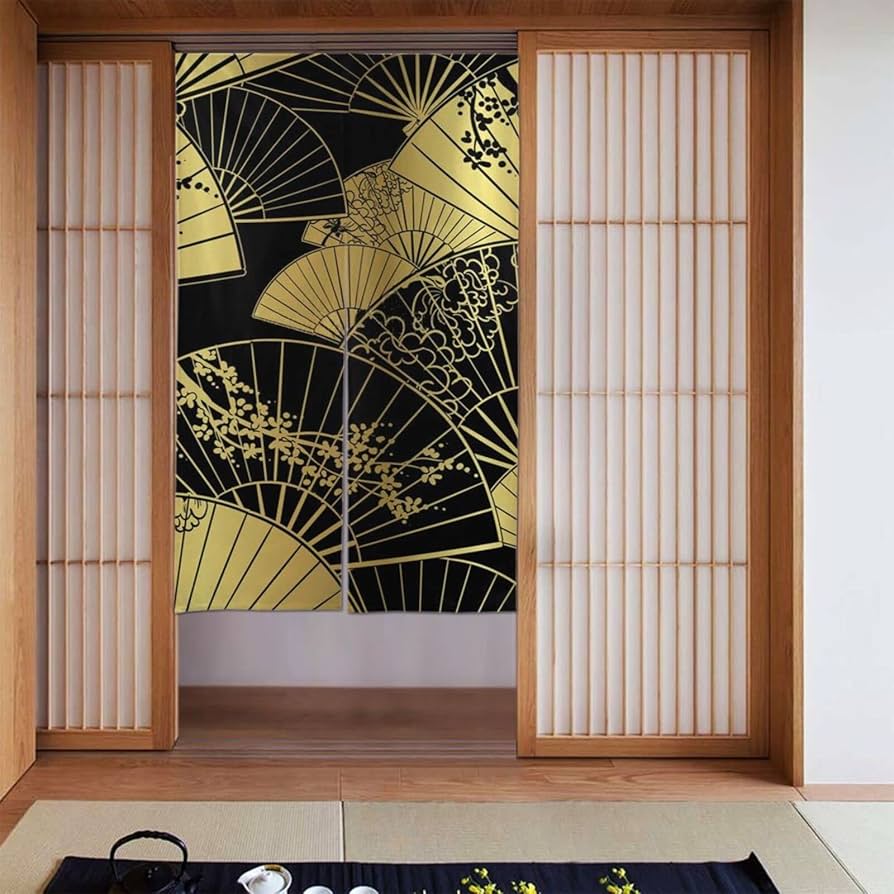 Amazon｜のれん おしゃれ 黒と金 扇子 和風 花柄 暖簾 ロング 幅86×丈